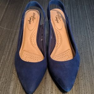 Navy Blue Suede Sling Back Kitten Heels